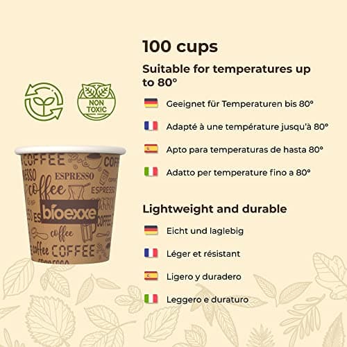 Gobletes Jetable carton expresso 100Pcs 75ml de bioexxe® - gobelet carton biodégradables- gobelets supportant les boissons jusqu'à 85°/90° - Petit format pour expresso italien (marron)