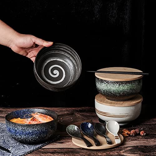 Cteahrow Bol à ramen en céramique 2 ensembles (8 pièces) avec baguettes cuillère, grand bol à soupe 1100 ML, bols à salade pour soupe, pho et bol à sushi (Ensemble de 2 bols bleus)