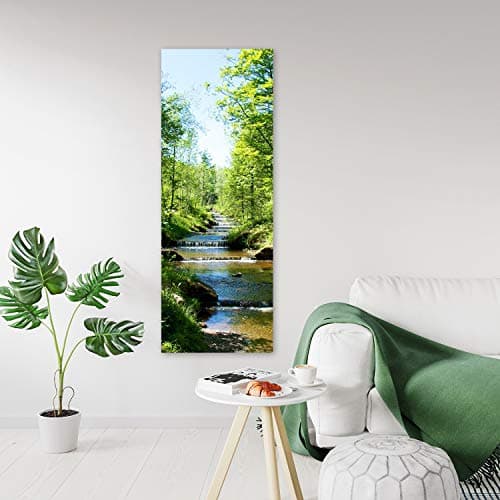 Feeby Impression sur Toile Intissé Ruisseau De La Cascade 30x90 cm Image Moderne Tableau Déco Mural Salle De Séjour Arbres De La Forêt vert