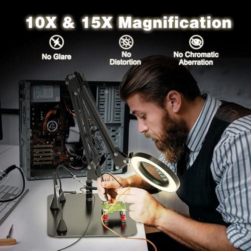 Jubor 10X & 15X Loupe avec Lumière et Support, Aide Magnétique à Souder Main Secourable, Troisième Main Loupe à Souder avec 3 Modes de Couleur Gradable, Lampe Loupe pour Bricolage, Soudage, Loisirs