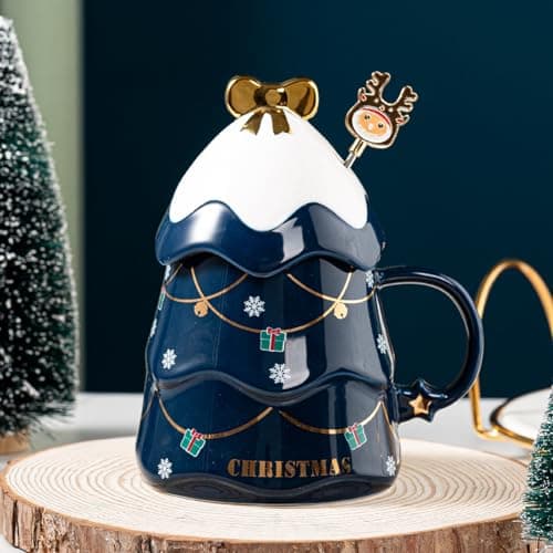 Liemuao Tasse de Sapin de Noël, 550ml Mug Mignonne en Céramique avec Couvercle et Cuillère, Tasse à Café Tasse Kawaii Chocolat Chaud Noel, Christmas Mug Set pour Famille, Ami, Collègue (Vert)