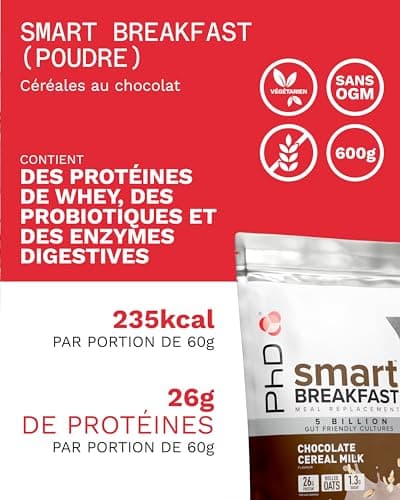 PhD Smart Breakfast| Shake proteiné substitut de repas| Faible en sucre avec extra Vitamines et Mineraux - Céréales - 600 g