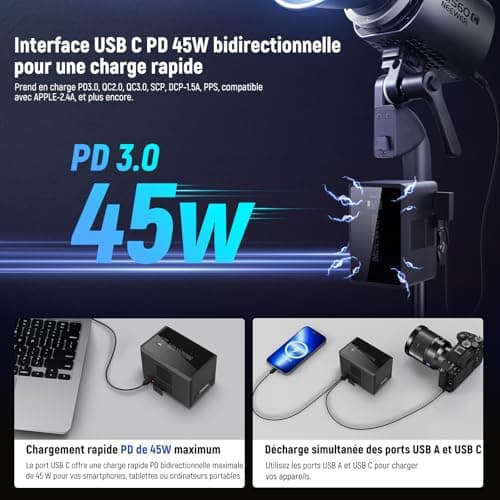 NEEWER 50Wh Mini Batterie V Mount avec Prise D Tap/USB C/USB A/BP/Double Ports CC/ Écran OLED, 3450mAh 14,54V, Batterie V Lock, Prend en Charge de la Charge Rapide 45W PD pour Appareil Photo