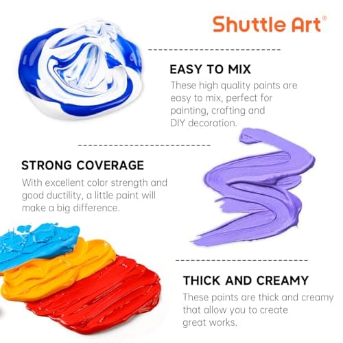 Shuttle Art 62PCS Kit Peinture Acrylique, 50 Couleurs (60ml) Peinture Acrylique avec 12 Pinceaux, Peintures pour Artiste Non Toxique, Acrylique Peinture pour Toile,Tissu pour Artiste, Débutant, Enfant