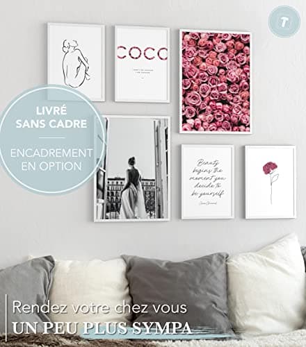 Papierschmiede® Set Mood Posters, Tableau Décoration Murale sans cadres « Coco Rose Love » Bureau, Salon, Deco Chambre Parentale, Cuisine, 2x A4 et 4x A5, fleurs rose pétales