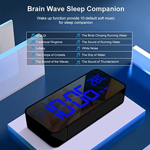 HOMVILLA Réveil Numérique avec Grand Affichage de la Température LED, Alarme de Miroir Portable avec Double Alarme Roupillon Temps Gradateur de Luminosité Réglable sur 4 Niveaux (Noir-1)