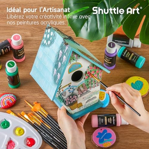 Shuttle Art 48PCS Kit Peinture Acrylique, 36 Couleurs (60ml) Peinture Acrylique avec 12 Pinceaux 1 Palette, Non Toxique, Acrylique Peinture Idéal pour Artistes, Débutants sur Toile Tissu