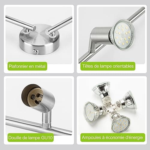 Bojim Plafonnier LED 4 Spots Orientables Pivotants, Nickel Mat Éclairagede Plafond pour Cuisine, Salon, Chambre, 4 x Ampoules LED GU10 incl (6W, 550lm, 4000K Lumière Blanche, Non Dimmable)