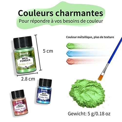 Roizefar Poudre de Mica - Pigment Résine époxy 32 Couleurs, Colorant de Savon, Colorant en Poudre Métallique pour La Fabrication de Bijoux, Bombes de Bain(5g Par Bouteille)