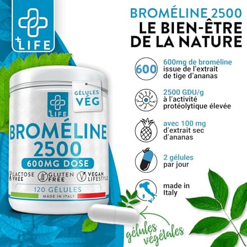 Bromelaine Draineur 2500 GDU/g 120 Capsules PiuLife® 700mg Bromélaïne Plus Extrait D' Ananas Drainant Naturel (2 Par Dose), Enzymes Digestives, Ballonnement Abdominal Digestion, Microcirculation