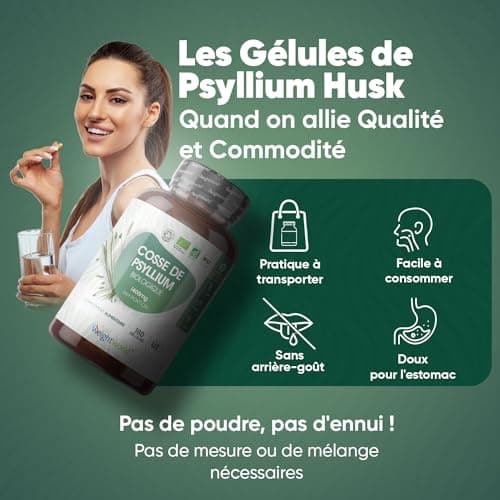 Psyllium Blond Bio 180 Gélules (3 Mois) - Téguments purs à 99%, Transit & Digestion - Source de Fibres prébiotiques - 1400mg de Psyllium Husk - Alternative au Psyllium en poudre - Fabriqué en UE