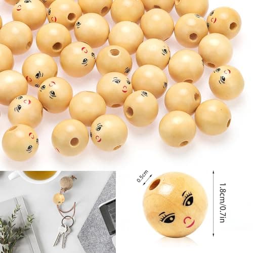 RNHDLY 50 Pièces Perles en Bois 18mm Perle en Bois Visage, Petite Boule en Bois avec un Trous, Perles en Bois Naturel Perles Bois Visage pour Bijoux, Breloques, Colliers, Bracelets