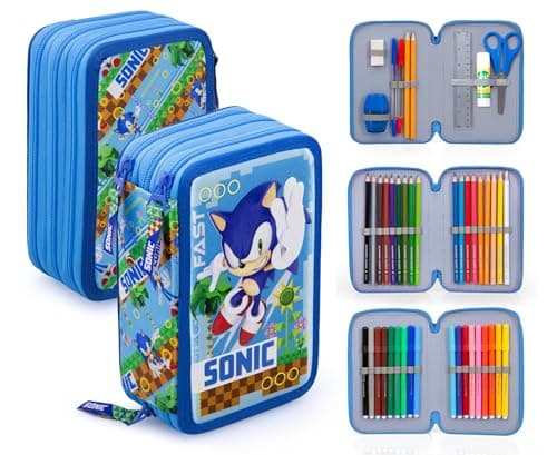 Clondo Trousse Triple Remplie Enfants, pour Sonic Fans, 45 Accessoires Scolaires Garçon, 3 Fermetures Éclair, Compartiments Organisés, Crayons de Couleur, Feutres, Colle, Ciseaux