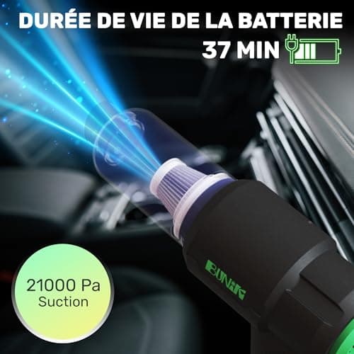 BUNIK Aspirateur Puissant 21000Pa pour Voiture - Aspirateur sans Fil avec autonomie 37 Min, Compact et performant, Accessoires Inclus pour Voiture et Maison