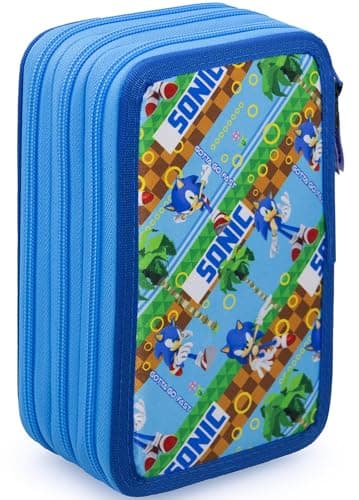 Clondo Trousse Triple Remplie Enfants, pour Sonic Fans, 45 Accessoires Scolaires Garçon, 3 Fermetures Éclair, Compartiments Organisés, Crayons de Couleur, Feutres, Colle, Ciseaux