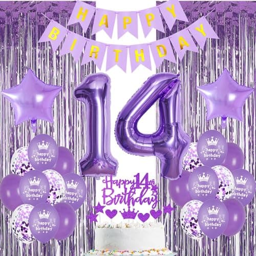 Décoration 14 ans anniversaire fille violet,Rideau Frange Anniversaire 14 ans violet,Ballons 14 ans anniversaire fille violet,Decoration Anniversaire 14 ans fille,14 ans violet Frange Brillant