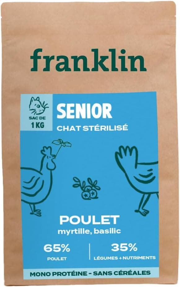 FRANKLIN – Croquettes Chat Senior – 65% de Poulet – 1 kg | Sans Céréales – Riche en Protéines – Soutien des Reins et Articulation – Digestion Facile – Taille 9mm – Fermeture Intégrée