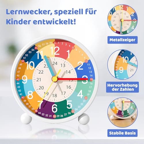 Idota Réveil analogique pour enfant - Sans tic-tac - Avec sonnerie douce - Réveil d'apprentissage - Avec veilleuse - Réveil pour fille et garçon - Pour la rentrée scolaire - Fonctionne avec piles
