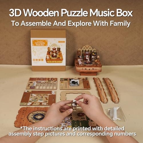 Tonecheer Kit de boîte à Musique à Faire soi-même pour Adultes, Puzzles 3D en Bois, boîte à Mouvement Musical pour Adolescents, Bureau, Cadeaux décoratifs pour Anniversaire (Famille de Chats)