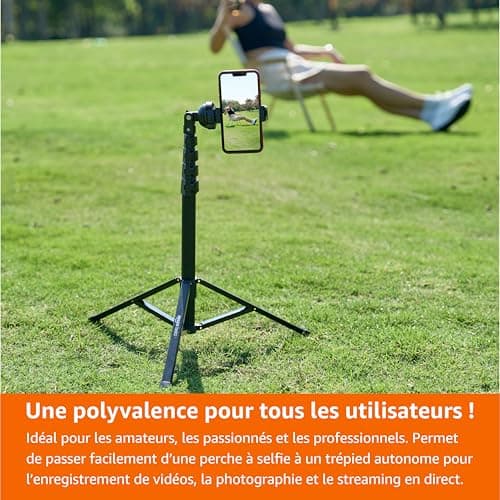 Amazon Basics Trépied pour iPhones extensible jusqu’à 162 cm avec fonctions perche à selfie et trépied, noir