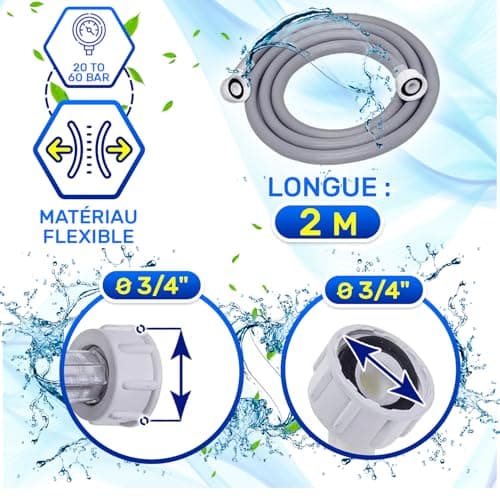 Tuyau Machine à Laver et Lave Vaisselle 2 m pour Arrivee Deau pour Températures de 25°C Pression de 20 à 60 Bar Connexion est Droite et Coudée Ø 3/4" - MADE IN ITALY - MONTERAL