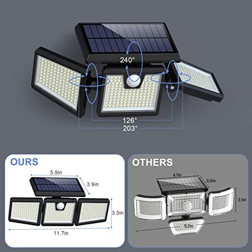Lampes Solaires Extérieur à Détecteur de Mouvement, 3500LM 341LED Lumières Solaires avec 3 Têtes Réglables, 270° éclairage Grand Angle IP65 Projecteur Solaire éclairage Mural d'extérieur - 2 Pack
