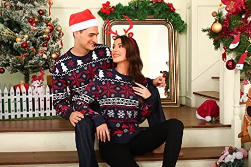 Litherday Pull de Noël Famille Unisexe Sweater Tricot à Col Rond avec Renne Flocon de Neige Arbre de Noël Imprimé Pull Manche Longue Hiver Sweat-Shirt,Noir Homme,M