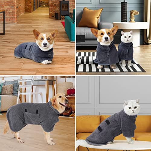 PETTOM Peignoir Chien Super Absorbante en Microfibre, Serviette de Bain pour Chien Séchage Rapide, Peignoir de Bain pour Chien Réglable (Gris, M)
