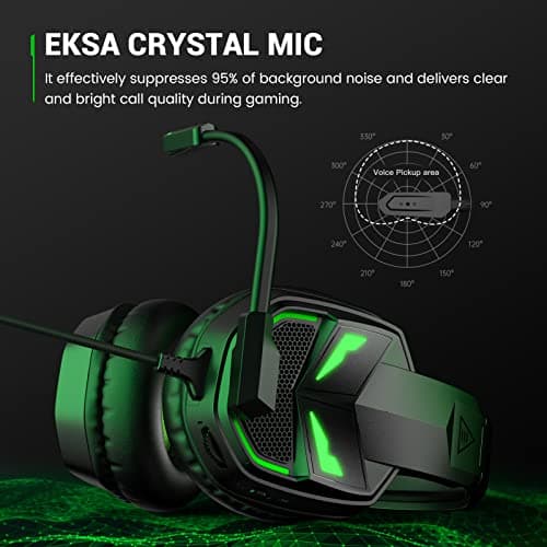 EKSA Fenrir Casque Gaming à Réduction de Bruit avec Micro pour Xbox One PC PS4 PS5 Switch avec Lumière LED, 3D Stéréo Surround Casque Audio pour Prise 3,5MM, Noir Vert