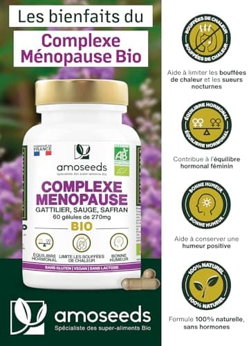 Ménopause BIO | Sans Hormones, 100% Naturel | Bouffées de Chaleur, Irritabilité, Stress | Gattilier, Sauge, Safran | 60 gélules | Qualité Supérieure