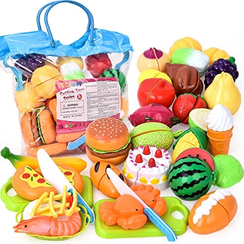 Fegalop 32 Pièces Jouets en Plastique Fruits et Légumes à Découper, Dinette Enfant Accessoire Cuisine Jouet, Chef Jeu de rôle avec,Cadeau Parfait pour Noël et fête d'anniversaire 3 Ans (Bleu)