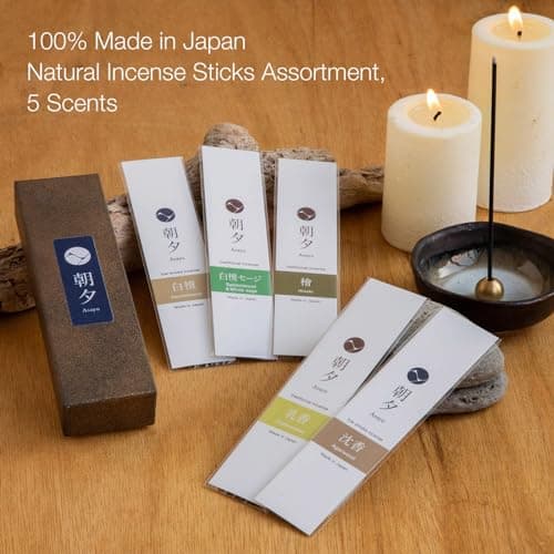 Asayu Japan Assortiment de Bâtonnets d'Encens Japonais Naturels, Ensemble de 5 Parfums Naturels, Bois de Santal, Bois d'Agard, Cyprès, Sauge Blanche, Oliban, Fabriqué au Japon sans Bambou