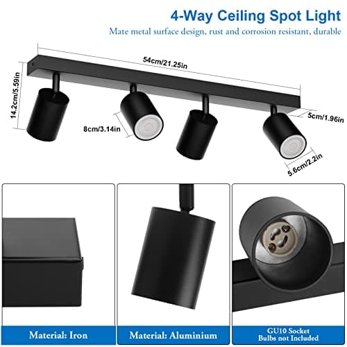 Klighten Spot Plafond GU10, Plafonnier 4 Spots Noir Orientable, Moderne Luminaire Plafonnier, Éclairage de Plafond Interieur pour Cuisine, Chambre, Salon, Longueur: 54 cm, Ampoule non Incluse