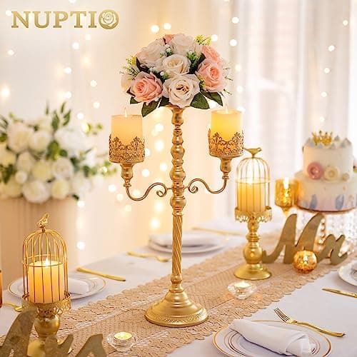 Nuptio Chandeliers Or 56cm 3 Bras Chandeliers Piliers Métal 3-Bougies Chandeliers Centrepiece Vintage Chandeliers pour Noël Pâques Anniversaire Fiançailles Mariage Décorations