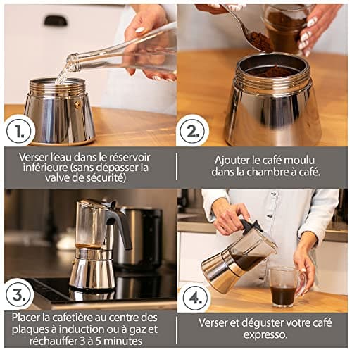 VeoHome Cafetière Italienne en verre et inox 360 ML – Cafetière Moka Induction, Gaz, Céramique Style Expresso – 7 tasses, Sûre et Lavable au Lave-Vaisselle