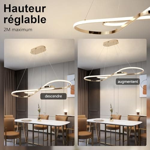 AHRHSM Lampe à Suspension LED Table à Manger, Suspension Moderne à Intensité Variable 57W, Réglable en Hauteur, Suspension avec Télécommande, Pour Salles à Manger, Cuisines (Or)
