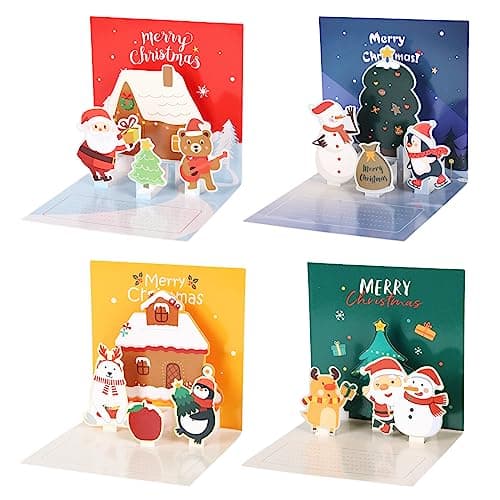 3D Cartes de Noël, 4 Pièces Carte de Vœux Noel avec Enveloppes, 3D Pop Up Christmas Card, Cartes de Joyeux Noël Faite à la Main, Voeux de Vacances Cartes pour la Famille, les Amis et les Enfants