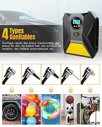 Gemokrt Gonfleur Pneus Voiture, 12V Compresseur À Air Portatif avec Fonction Mémoire, 3 Adaptateurs de Buses, Gonflage Rapide Compresseur pour Vélo