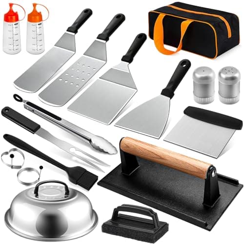 KOIUEYW Ustensiles Plancha, Accessoire Plancha Comprend Smash Burger, Cloche Plancha, Spatule Plancha, Kit Plancha Set Barbecue pour Teppanyaki Barbecue de Gril Camping, 18 Pièces