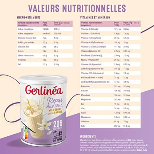 Gerlinéa Boisson Milkshake goût Vanille Substituts de repas riche en protéines Poudre à reconstituer contient 15 repas 220385