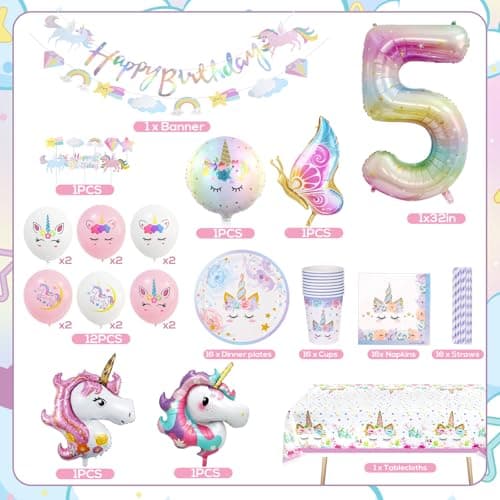 KQMGJYB Anniversaire Licorne Decoration Fille,5 Ans Licorne Vaisselle Anniversaire,Gobelets Serviettes Couverts Nappe Ballon Licorne pour 5 Ans Decoration Anniversaire 16 Invités