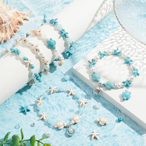 SUNNYCLUE 1 boîte 6 ensembles de Bracelets de Cheville Océan - Kit de Fabrication de Bracelets de Cheville - Perles de Tortue - Perles D'Animaux Marins - Perles de Verre Bleues D'Été Hawaïennes - Perl