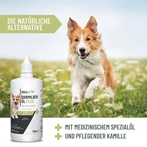 ReaVET Huile d'acariens Plus 110 ML - Produit Efficace immédiat pour Chiens, Chats et Animaux domestiques - Contre Les acariens à la Camomille - Soin Doux pour Les démangeaisons dans l'oreille