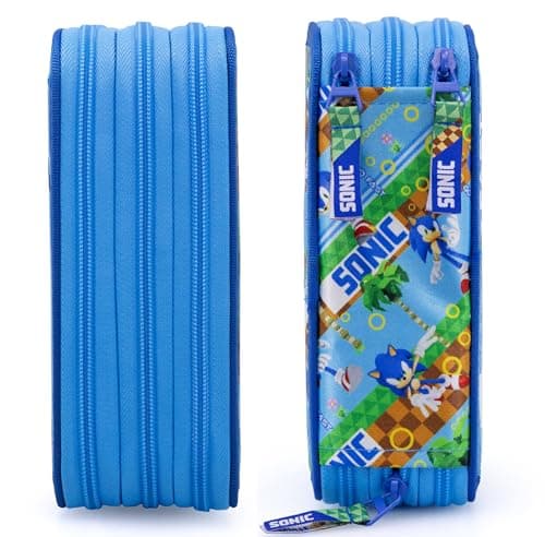 Clondo Trousse Triple Remplie Enfants, pour Sonic Fans, 45 Accessoires Scolaires Garçon, 3 Fermetures Éclair, Compartiments Organisés, Crayons de Couleur, Feutres, Colle, Ciseaux