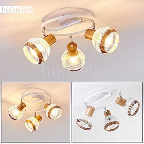 Plafonnier Bariloche en bois, raffia & métal blanc, 3 spots de plafond pivotants créant un effet lumineux au plafond par les abat-jours grillagés, pour 3 ampoules E27, ampoule(s) non incluse(s)