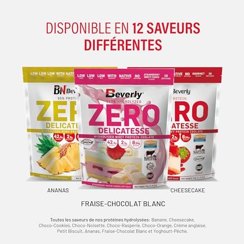 Beverly ZERO DÉLICATESSE | 1 kg | 85% de protéines de lactosérum hydrolysées | Avec Digezyme et Tolerase | Masse et force musculaire | Mixeur gratuit (GÂTEAU AU FROMAGE AUX FRAISE)