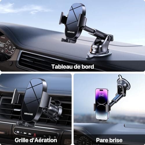 Miracase 【4-en-1】 Support Telephone Voiture, Porte Telephone Voiture Ventouse pour Tableau de Bord & Pare-Brise & Sortie d'air & Bureau Compatible avec Tous Les Smartphones 4.0''-7.0''