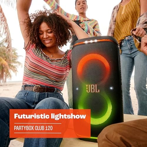 JBL Partybox Club 120, Enceinte portable de soirée, poignée pliable ergonomique, son JBL Pro, jeu de lumières, 12 heures d'autonomie, résistante aux éclaboussures IPX4, en noir