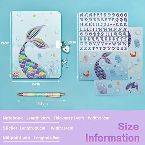 WERNNSAI Ensemble de Carnet de à Paillettes- Journal de Sirène Cadeau pour Filles Enfants Bleu Voyage Journal a5 Cahier Écriture Bloc de note stylo à bille, autocollantsavec serrure et clés