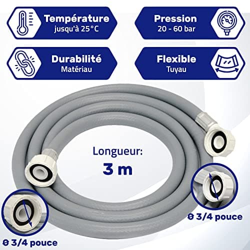 Tuyau Machine à Laver et Lave Vaisselle 3 m pour Arrivee Deau pour Températures de 25°C Pression de 20 à 60 Bar Connexion est Droite et Coudée Ø 3/4" - MADE IN ITALY - MONTERAL